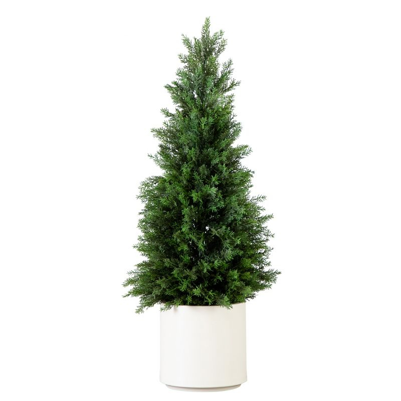 Nearly Natural 3-ft Artificial Cedar Tree in White Planter UV Resistant (Indoor/Outdoor)