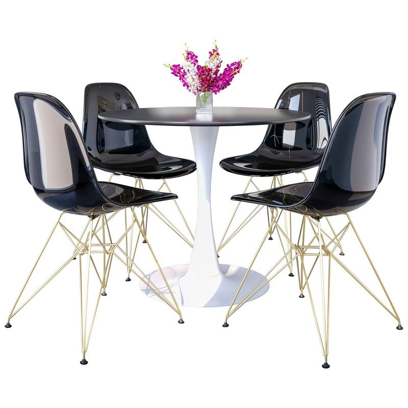 LeisureMod 5-Piece Dining Set with 35" Round Dining Table in White Iron Pedestal Base and 4 ABS Plastic Side Chair with Gold Base, Transparent Black