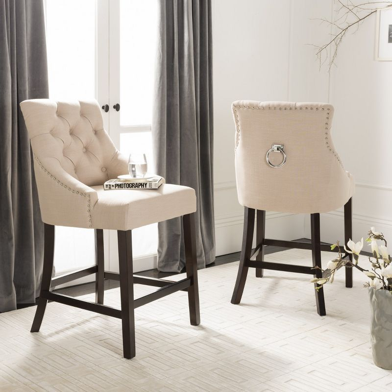 Eleni Tufted Wing Back Counter Stool (Set of 2) - BST6305 - Beige/Espresso - Safavieh