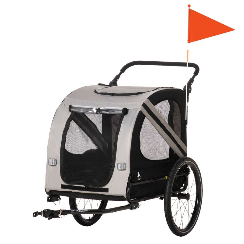 Aosom Dog Bike Trailer 2-in-1 Pet Stroller Cart Bicycle Wagon Cargo Carrier Attachment for Travel with 4 Wheels Reflectors Flag gray