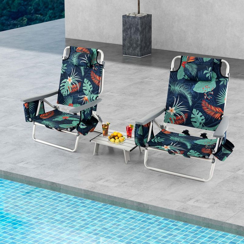 Costway 2-Pack Folding Backpack Beach Chair Table Set 5-Position Outdoor Reclining Chair Printed
