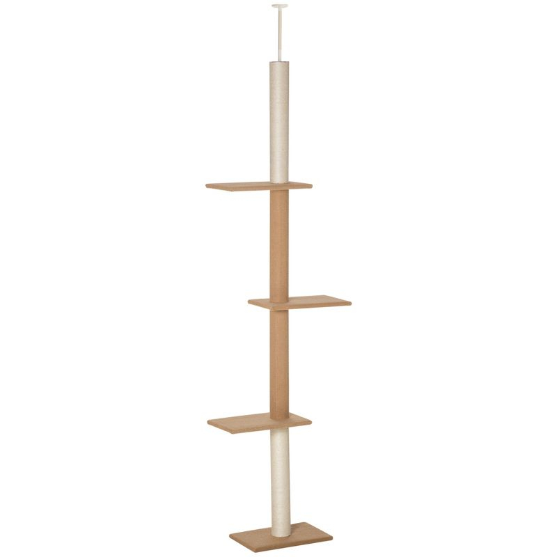 PawHut Floor to Ceiling Cat Tree Cat Climbing Tower with Sisal-Covered Scratching Posts Natural Cat Tree Activity Center for kittens, Light brown