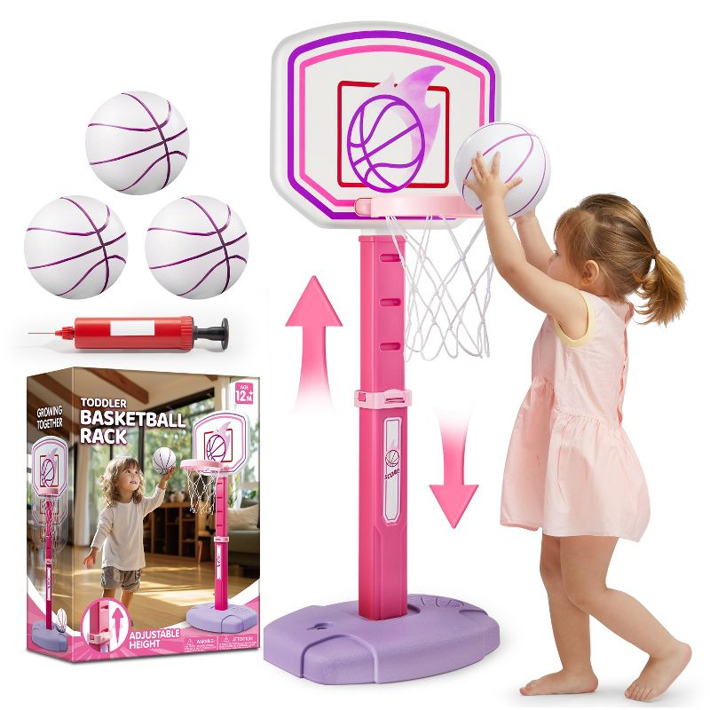 Joyfy Pink Basketball Hoop for Girls Age 1 and Up, Adjustable Basketball Goal with 4 Balls for Kids Indoor Outdoor Play- Easter Birthday Gift for Kids