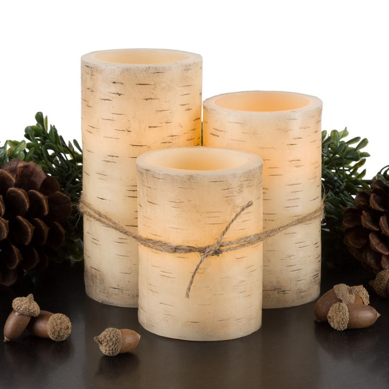 Flickering Flameless LED Candles with Birch Bark- Set of 3 Battery Operated Real Wax Pillar Candles with Remote Control and Timer by Lavish Home