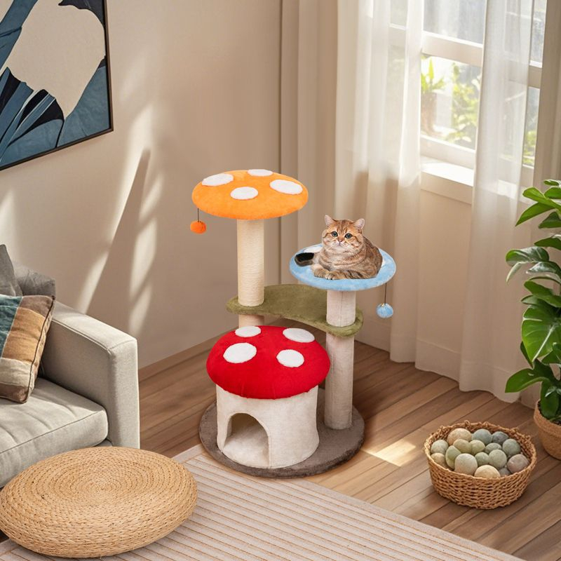 Tangkula Cute Mushroom Cat Tree 35" Tall Cat Tower w/ Sisal Scratching Posts Cat Condo