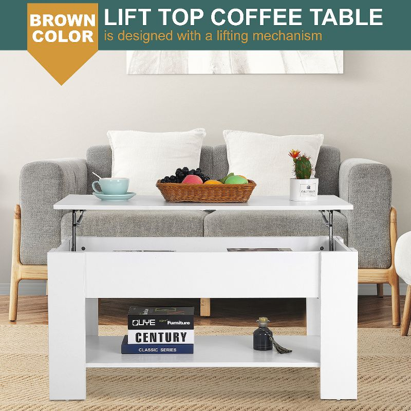 FDW Coffee Tables with Hidden Compartment and Storage Shelf Wooden Lift Tabletop Dining Table for Living Room Home (White)