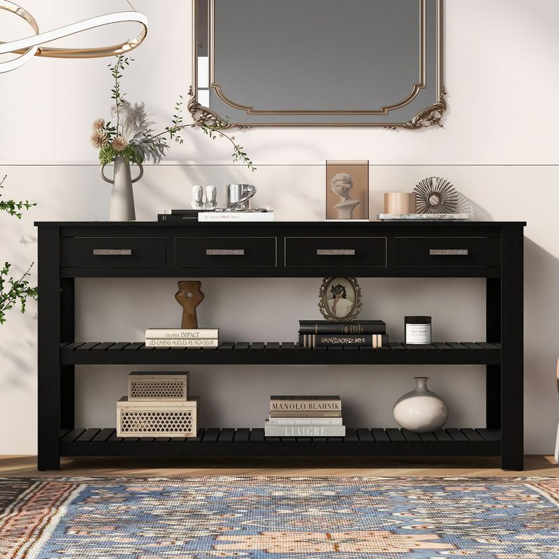 62.2" Stylish Console Table Table with 4 Storage Drawers and 2 Shelves for Entryway Hallway, Black 4M - ModernLuxe