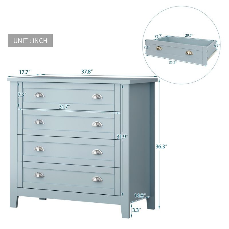 GDFStudio Bowen Grayish Blue Birch Wood Drawer Dresser with Shell Handle, 4 Tier