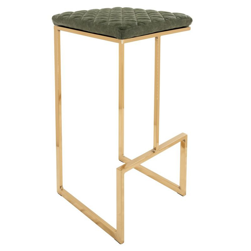 LeisureMod Quincy Quilted Leather Bar Stool with Gold Metal Sled Base, Counter Height Chair for Kitchen Island