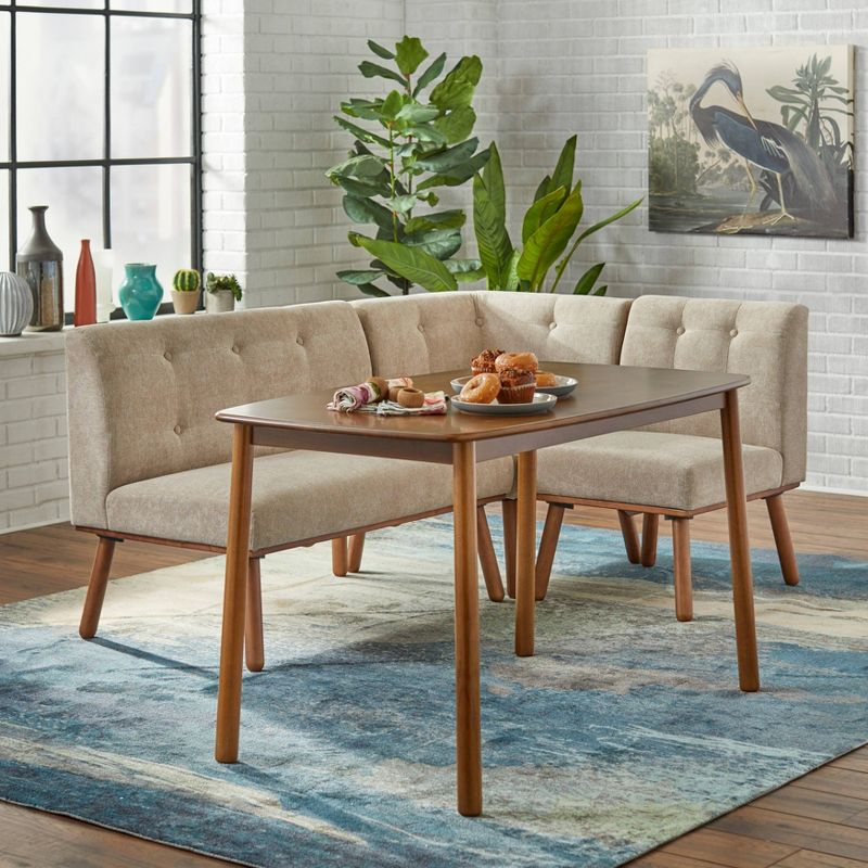 Buylateral 4pc Playmate Mid Century Modern Upholstered Breakfast Nook Dining Set Walnut/Beige: Versatile Upholstered Furniture, Rubberwood Frame