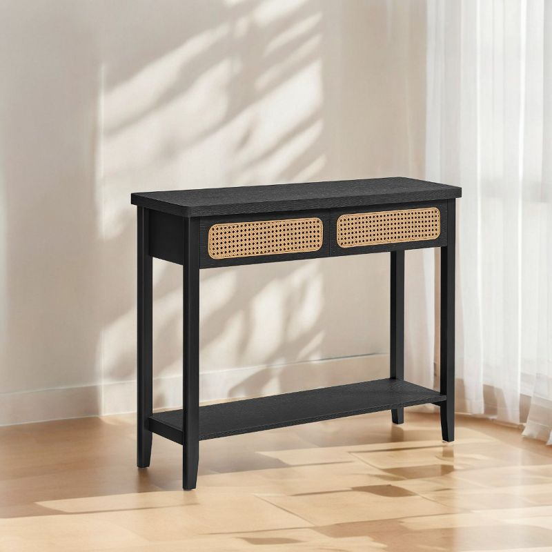 Ash Black Console Table in Boho Style. A Narrow Entryway Table with 2 Drawers and an Open Storage Shelf. for the Living Room.Sofa Table