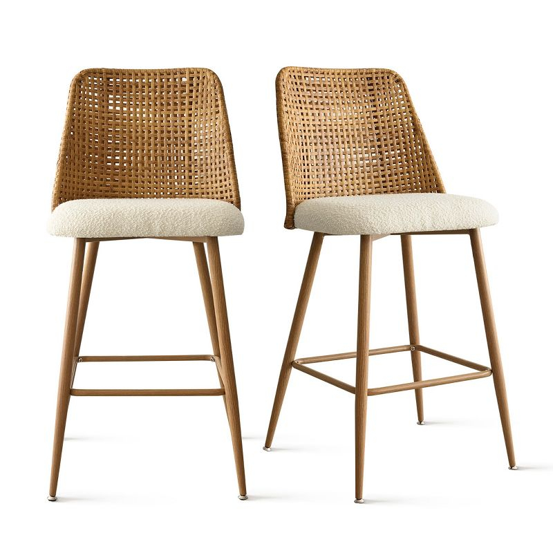 Nice Boucle Counter Stool Set Of 2,Beige Upholstered Rattan Counter Stool,27 Inch Stools With Back for Kitchen Island-Maison Boucle