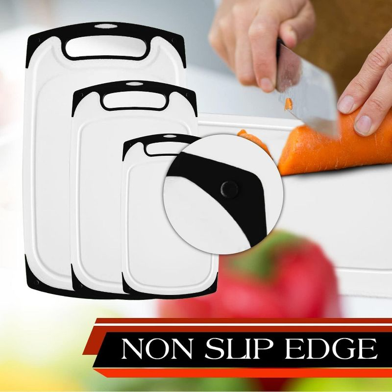 Cutting Boards for Kitchen, Plastic Chopping Board Set of 3 with Non-Slip Feet and Deep Drip Juice Groove, Easy Grip Handle, BPA Free, Dishwasher Safe