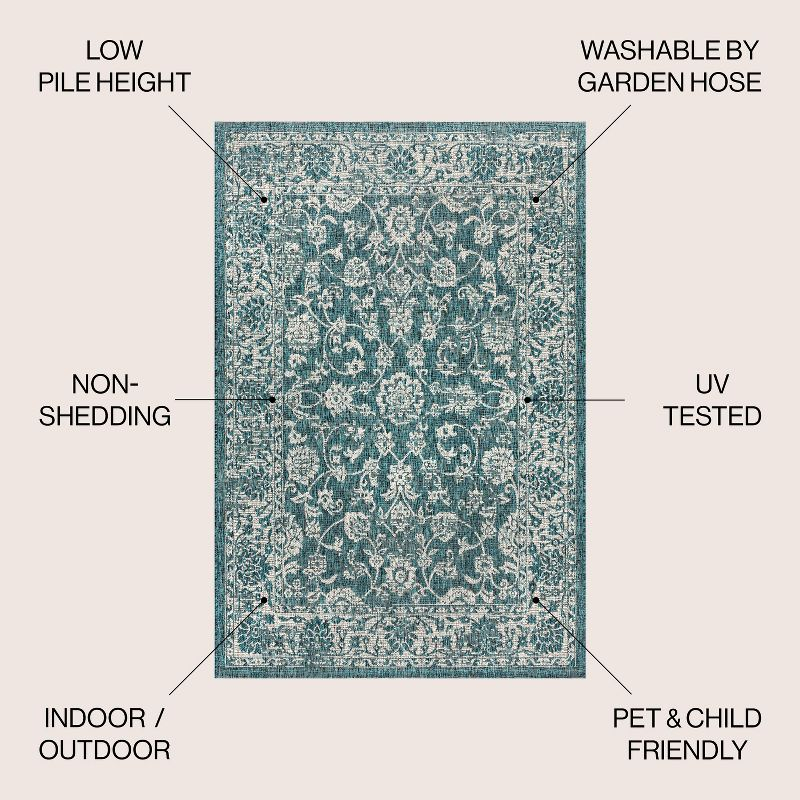 5'x8' Tela Bohemian Textured Weave Floral Indoor/Outdoor Area Rug, Teal/Gray - JONATHAN Y
