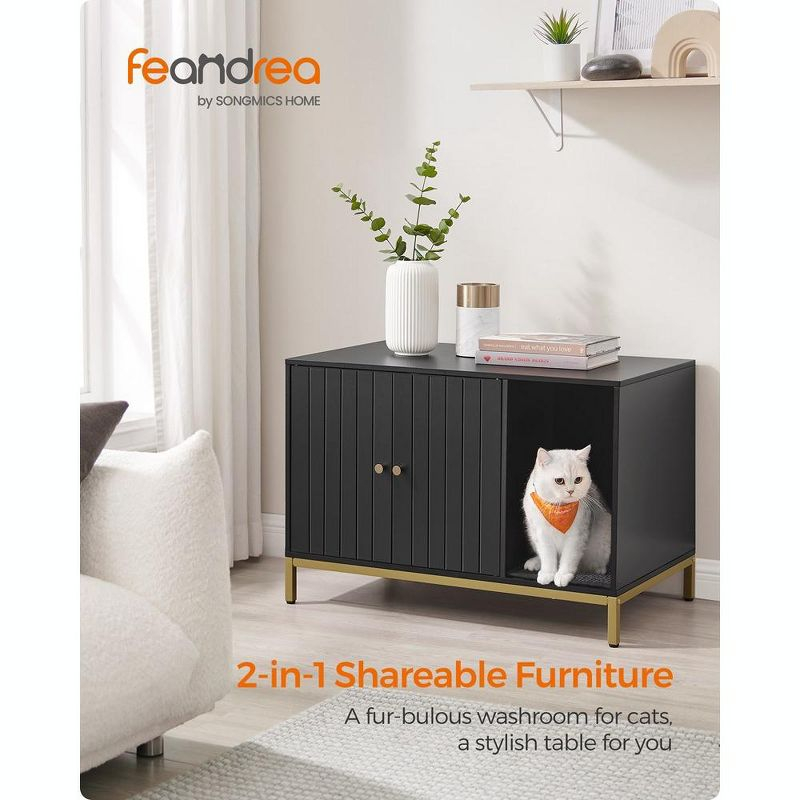 Feandrea Litter Box Enclosure, Modern Furniture with Scratching Mat, Cat House Simply Black and Metallic Gold