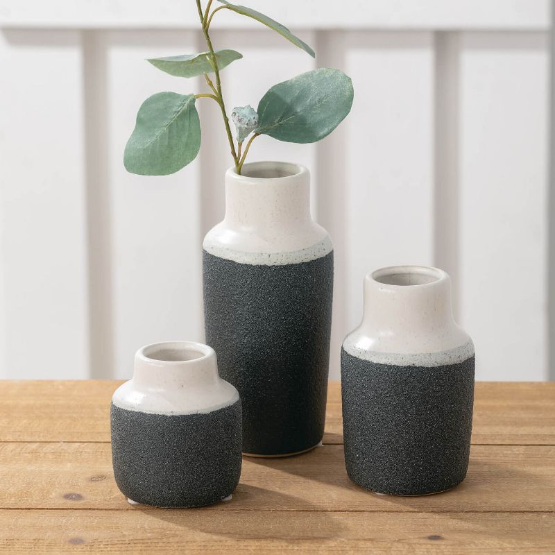 Sullivans Set of 3 Ceramic Vase 7"H, 5.25"H & 3.75"H White and Black