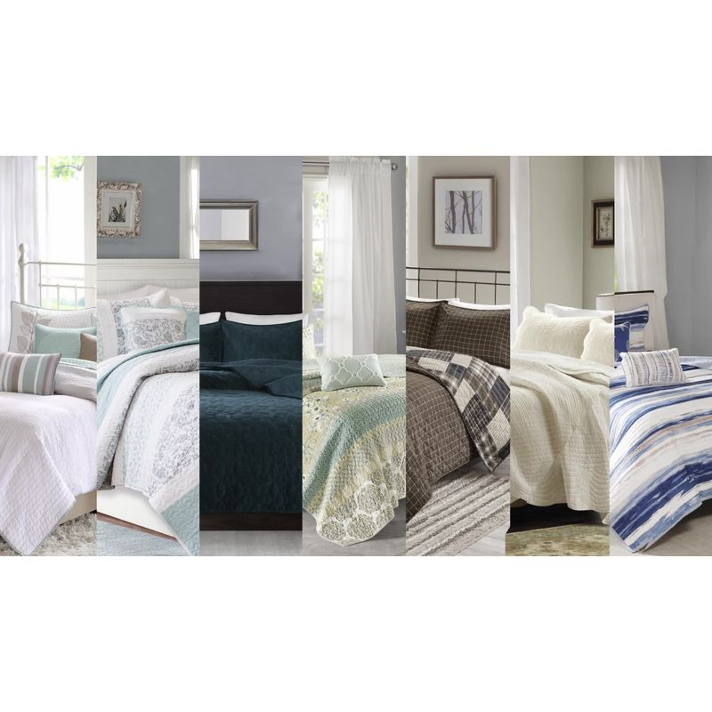 Madison Park 5pc Twin/Twin Extra Long Reyes Reversible Quilted Coverlet Set Purple/Cream/Black: Microfiber Stripe Design with Decorative Pillows