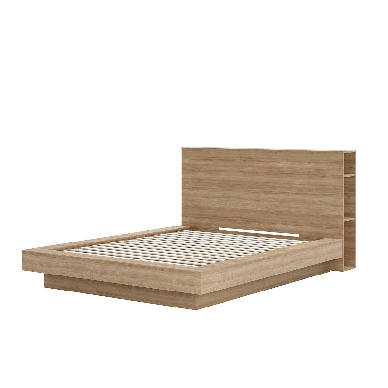 Nexera Queen Marconi Platform Bed Set Brown Oak: Modern Style, Wood Composite, Storage Headboard
