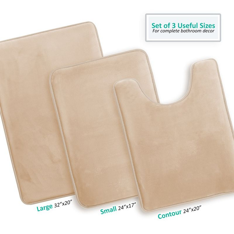 Hearth & Harbor 3 Piece Bathroom Rugs Bath Mat Set, Non-Slip Velvet Memory Foam Bath Mats, Beige Cream
