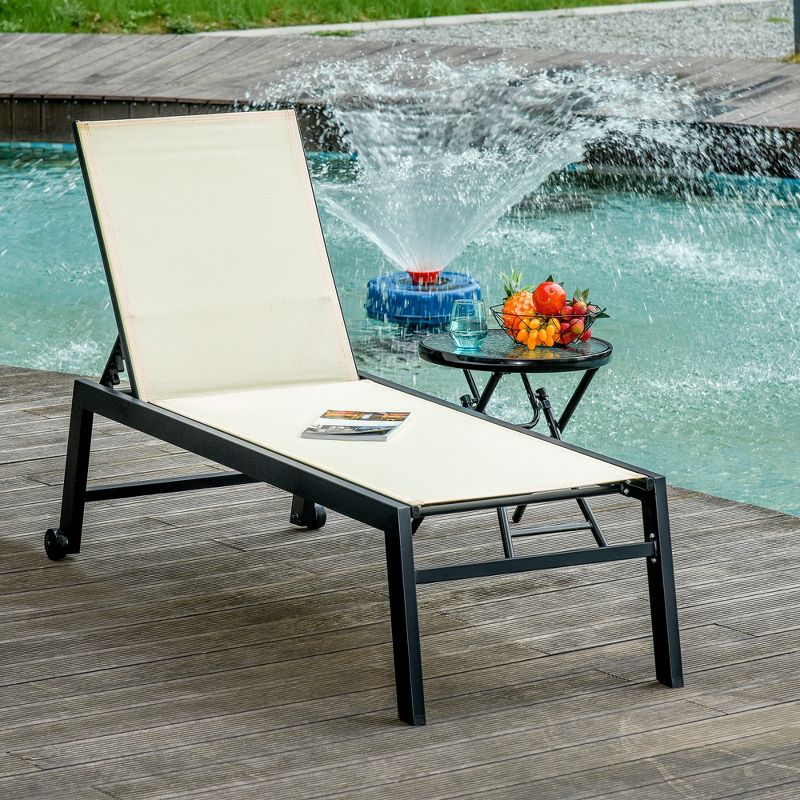 Outsunny Chaise Lounge Outdoor Pool Chair with Wheels, Five Position Recliner for Suntanning, Sunbathing, Steel Frame, Breathable Fabric, Cream White