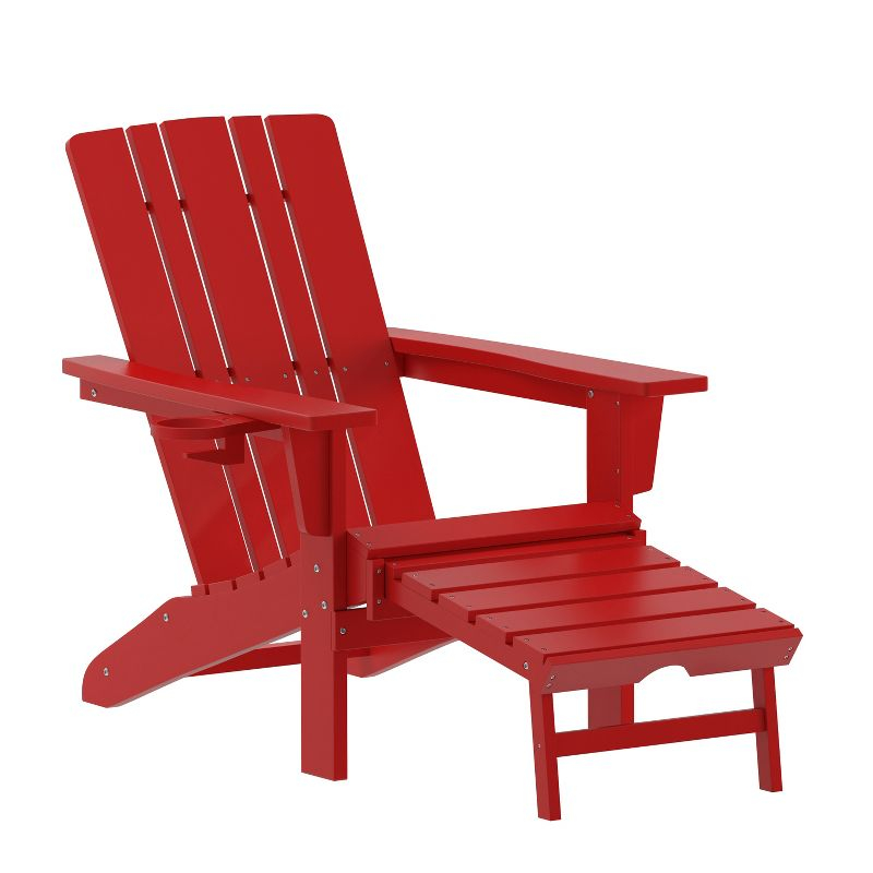 Flash Furniture Halifax HDPE Adirondack Chair with Cup Holder and Pull Out Ottoman, All-Weather HDPE Indoor/Outdoor Lounge Chair in Red
