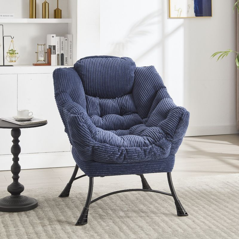 Modern Lazy Chair with Ottoman, Accent Chair with Armrests and a Side Pocket, Blue Cotton Reading Chair with Footrest-Coolbibila