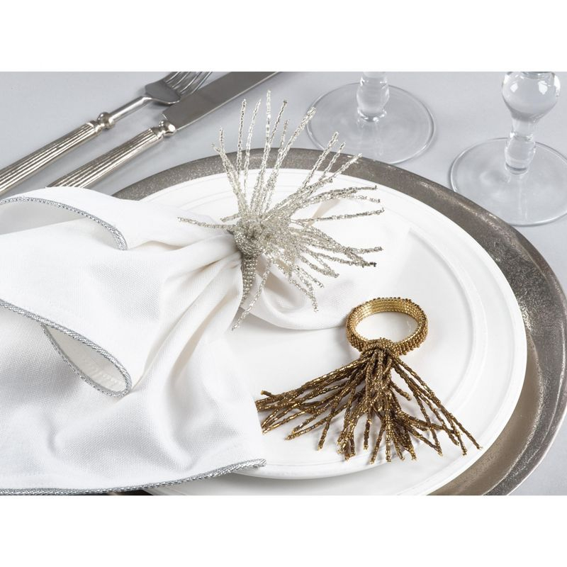 Saro Lifestyle Beaded Spray Design Wedding Special Event Napkin Ring (Set of 4), Silver