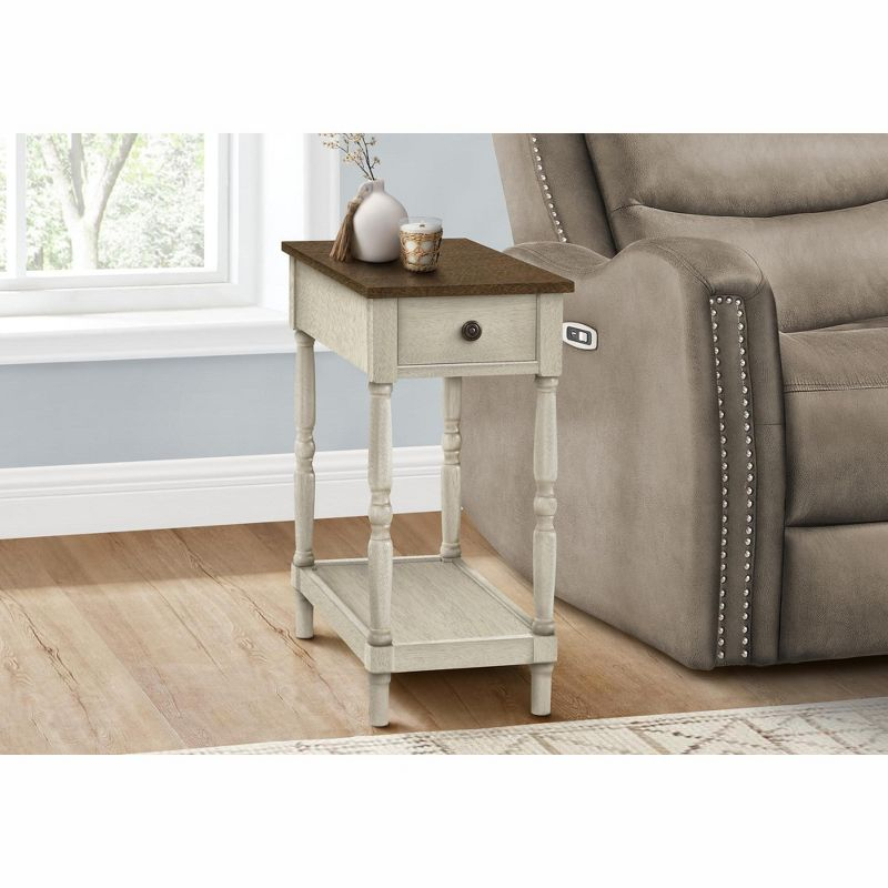 Monarch Specialties Accent Table 2 Tier End Side Table Nightstand Bedroom Narrow Lamp Storage Drawer Brown Veneer Antique White Veneer Traditional