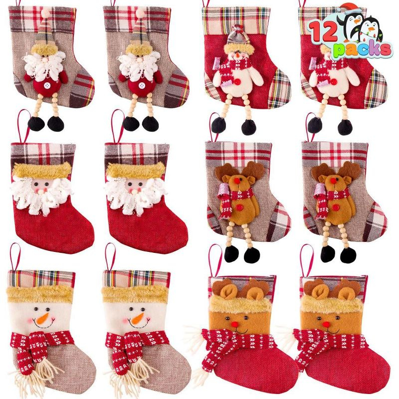 JOYFY 12 Pcs Mini Christmas Stockings 3D Bulk Xmas Stockings Santa Snowman Reindeer Burlap Stockings for Present Holders Treat Bags