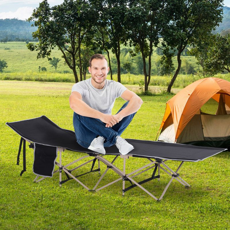 Outsunny Folding Camping Cot for Adults with Carry Bags, Side Pockets, Outdoor Portable Sleeping Bed for Travel Camp Vocation, Black