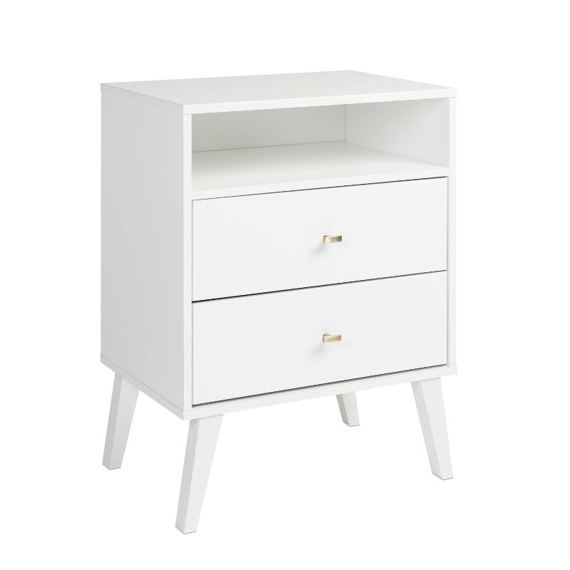Mid Century Modern 2 Drawer Tall Nightstand with Shelf White - Prepac: Wood Laminate, Includes Anti-Tip Hardware