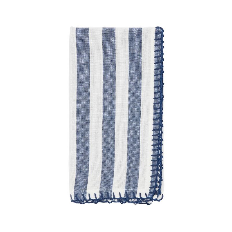 Saro Lifestyle Lively Pompom Border Striped Cotton Napkin (Set of 4), Blue, 20"x20"