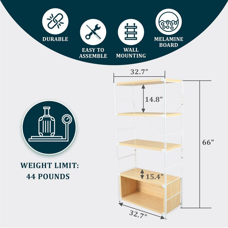 LeisureMod Etagere 4-Shelf Bookcase - White Stainless Steel Frame, Durable Melamine Shelves, Perfect for Living Rooms or Offices, Natural Wood
