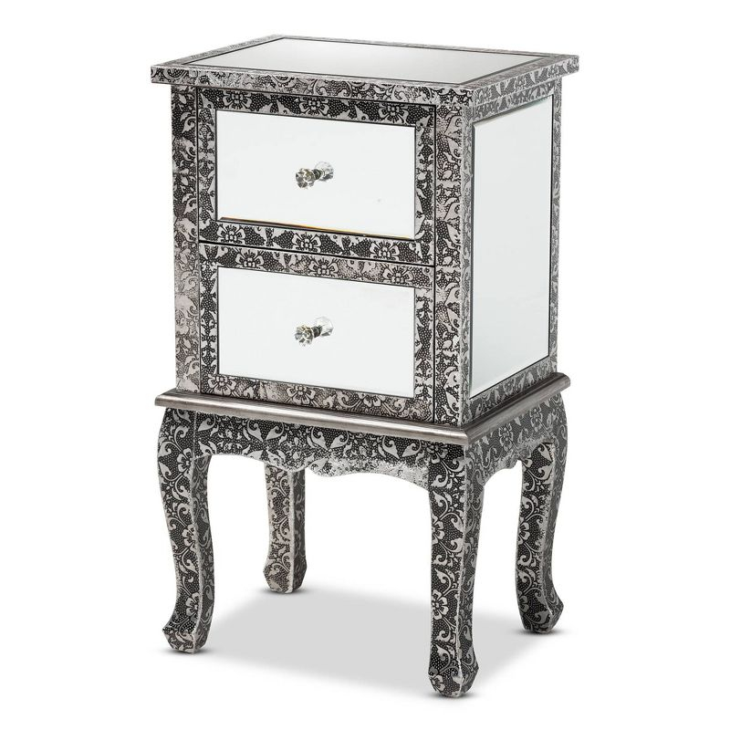 Wycliff Metal and Mirrored Glass 2 Drawer Nightstand Dark Gray/Silver - Baxton Studio