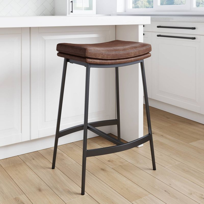 Upholstered Counter Height Metal Barstool Vintage Brown/Matte Black - Nathan James: Faux Leather, Modern Farmhouse Kitchen, 275 lbs Limit