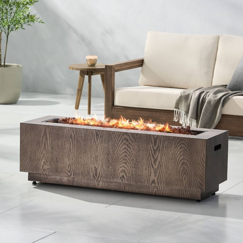 Christopher Knight Home Wellington Outdoor 50000 BTU Rectangular Fire Pit Wood Pattern Brown:  No Assembly, Push Button Ignition