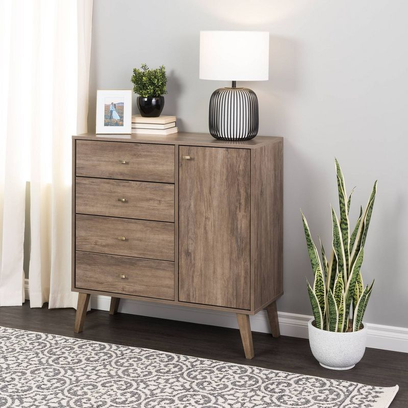 Prepac Milo Mid-Century Modern 4 Drawers Chest with Door Drifted Gray: Laminated Storage, Metal Glides, Adjustable Shelf