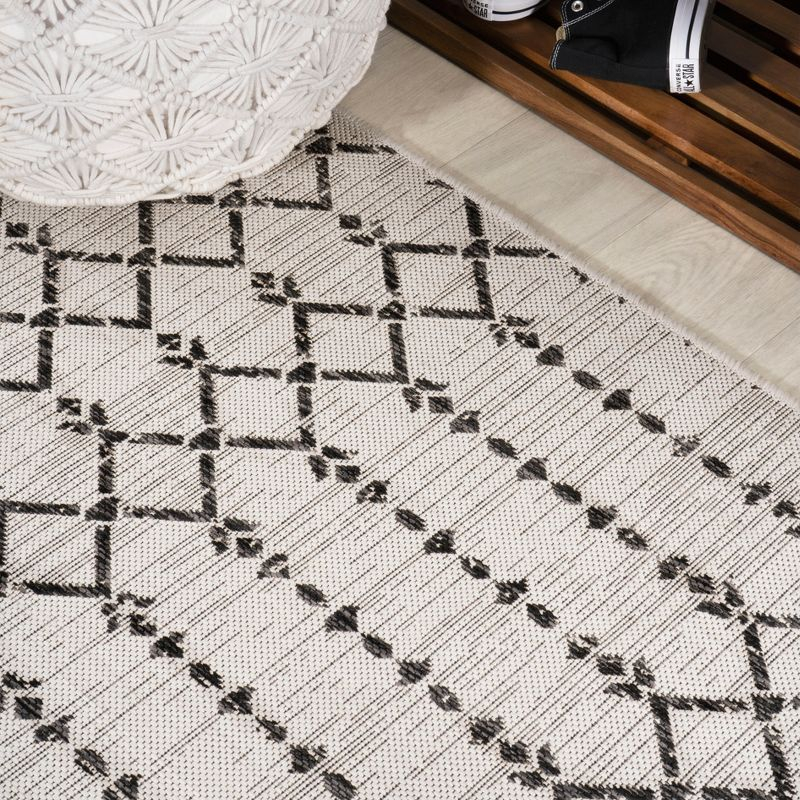 5' x 5' Ourika Moroccan Geometric Textured Weave Indoor/Outdoor Area Rug, Cream/Black - JONATHAN Y