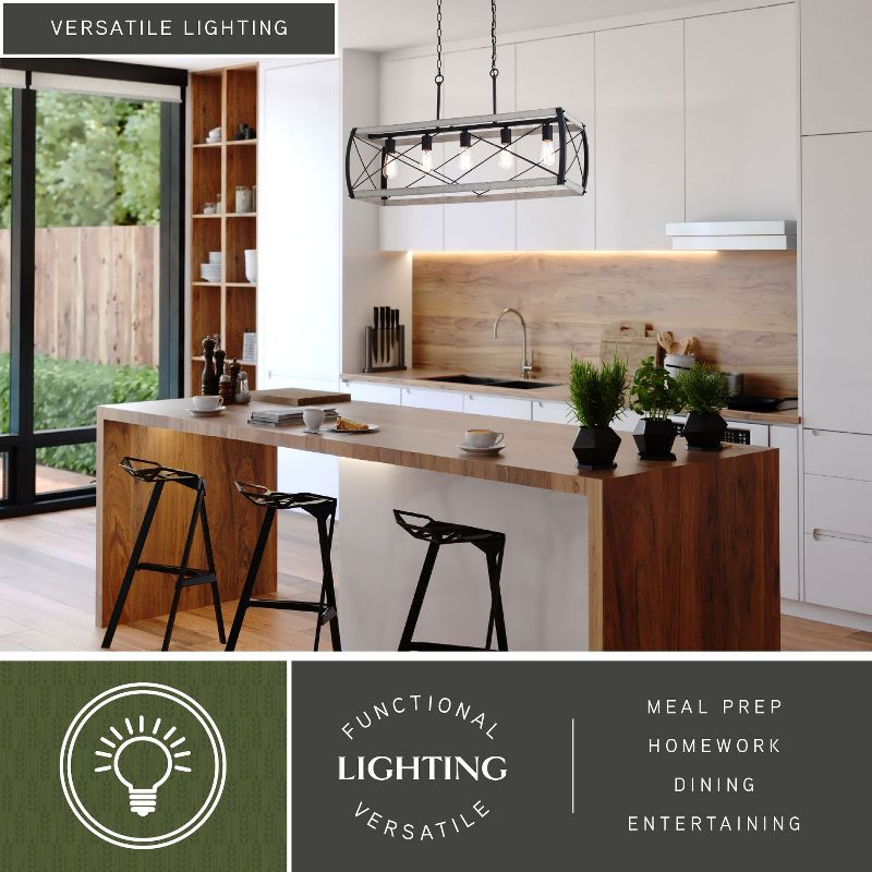 VAXCEL Montclare 5L Black and White Ash Wood Farmhouse Cage Linear Chandelier Island Pendant Light Fixture