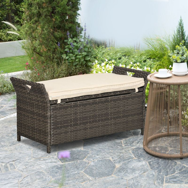 Outsunny 29 Gallon Patio Wicker Storage Bench, Outdoor PE Rattan Patio Furniture, 2-In-1 Footstool Rectangle Basket Box w/ Handles & Cushion, Cream