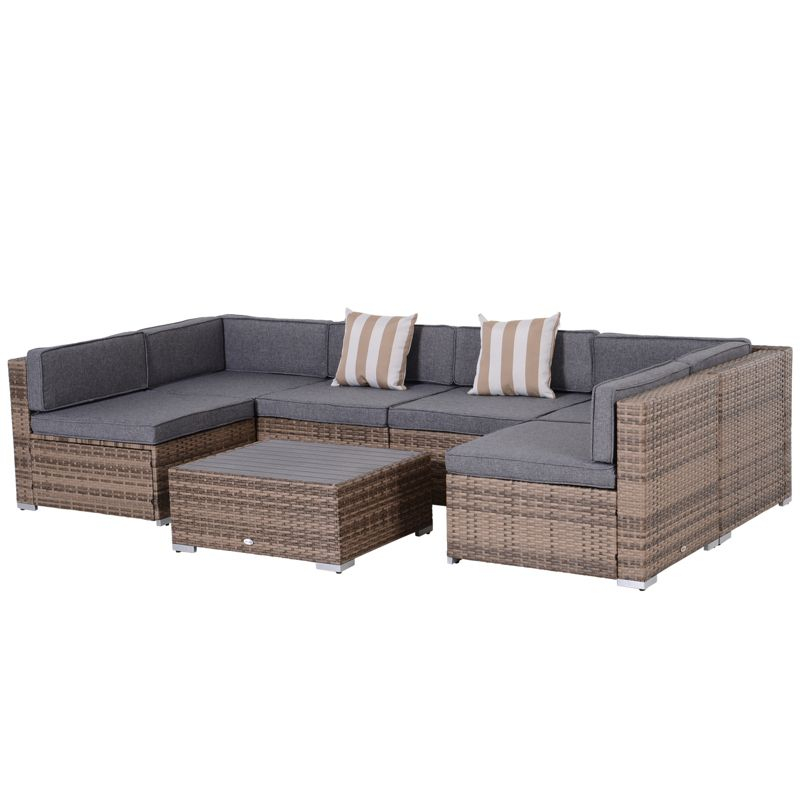 Outsunny 7-Piece Patio Furniture Set, Outdoor Wicker Conversation Set, All Weather PE Rattan Sectional Sofa w/ Faux Wood Table, Stripe Pillows, Gray