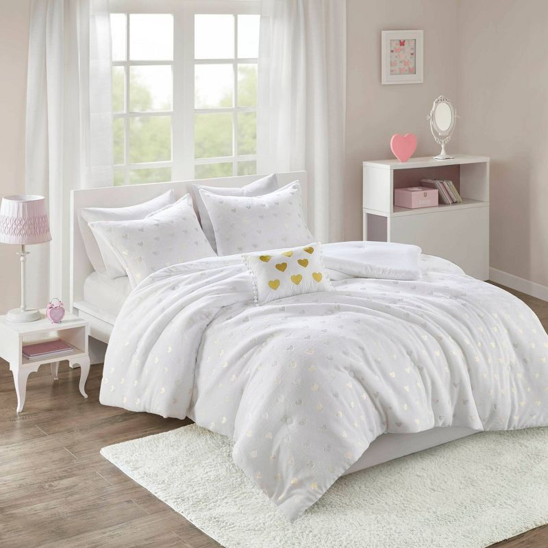 Mi Zone Full/Queen Audrey Metallic Print Plush Microfiber Soft Comforter Set with Throw Pillow White: Hypoallergenic, Transitional Style