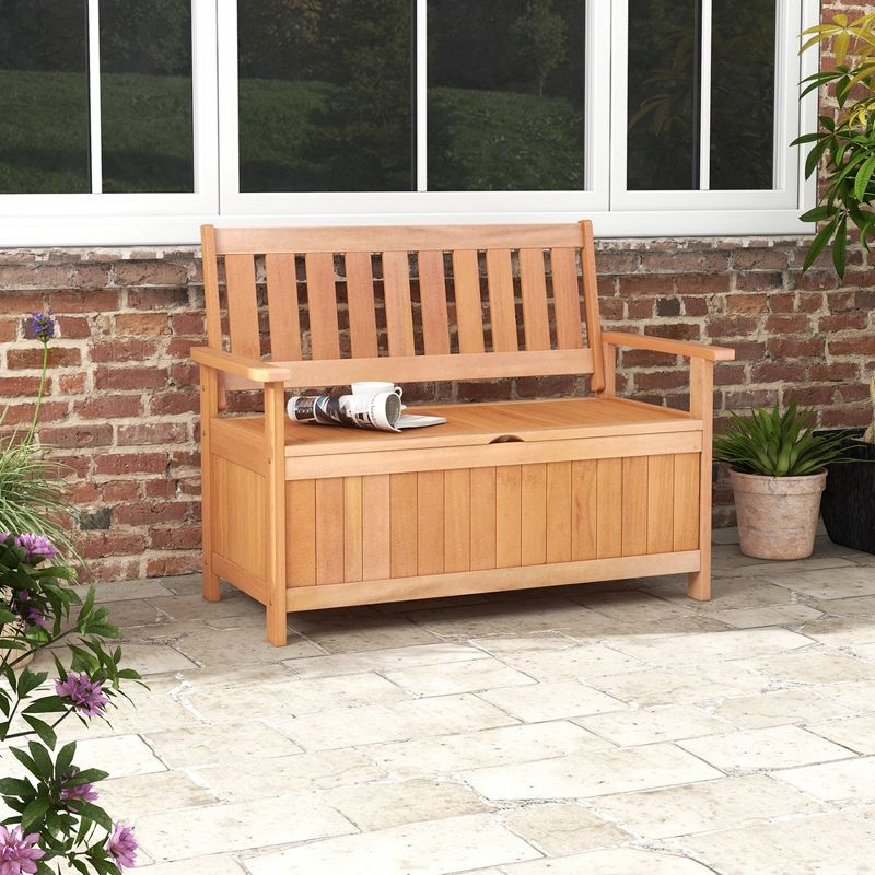 Costway 48 Inch Patio Storage Bench Wood Loveseat with Slatted Backrest for Backyard