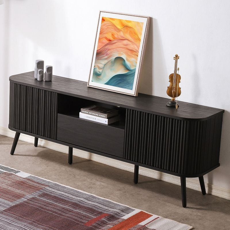 JONATHAN Y Damien 70 in. Farmhouse Curved TV Stand with Drawer and Storage Doors Fits TVs up to 75 in. with Cable Management, Black