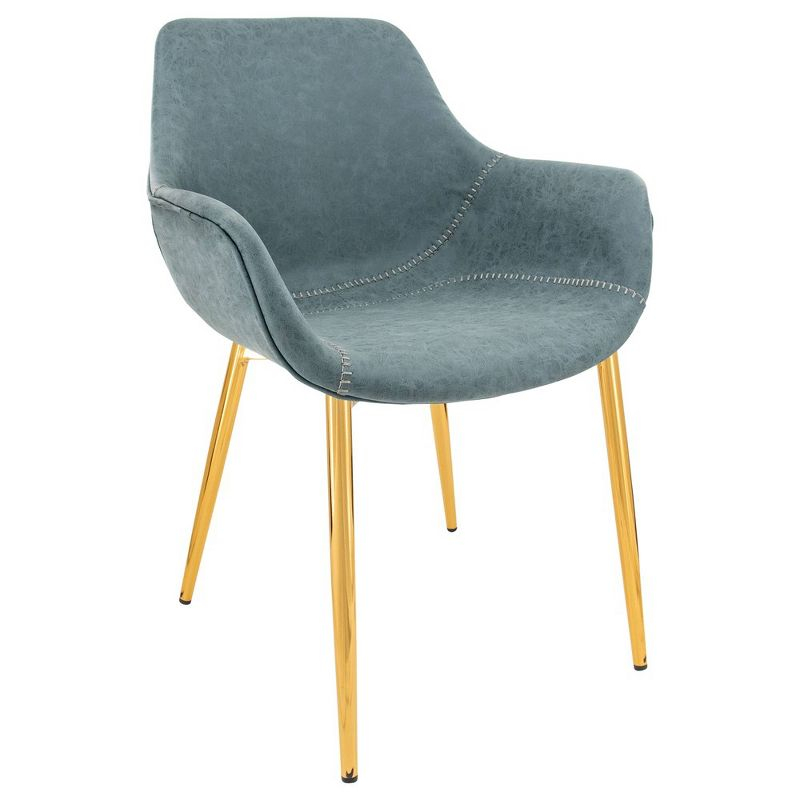 LeisureMod Markley Faux Leather Dining Chair with Arms and Gold Metal Legs, Peacock Blue