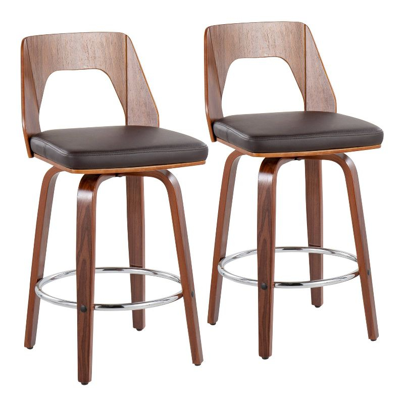 LumiSource Set of 2 Trilogy Upholstered Counter Height Barstools Brown/Walnut: Swivel, Chrome-Plated, Faux Leather