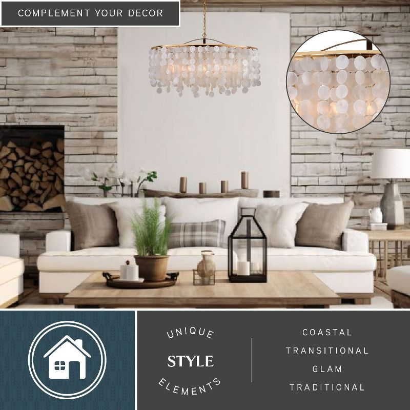 VAXCEL Elsa 5 Light Gold Brass Modern Coastal Glam Linear Chandelier Island Pendant Fixture with Capiz Shell