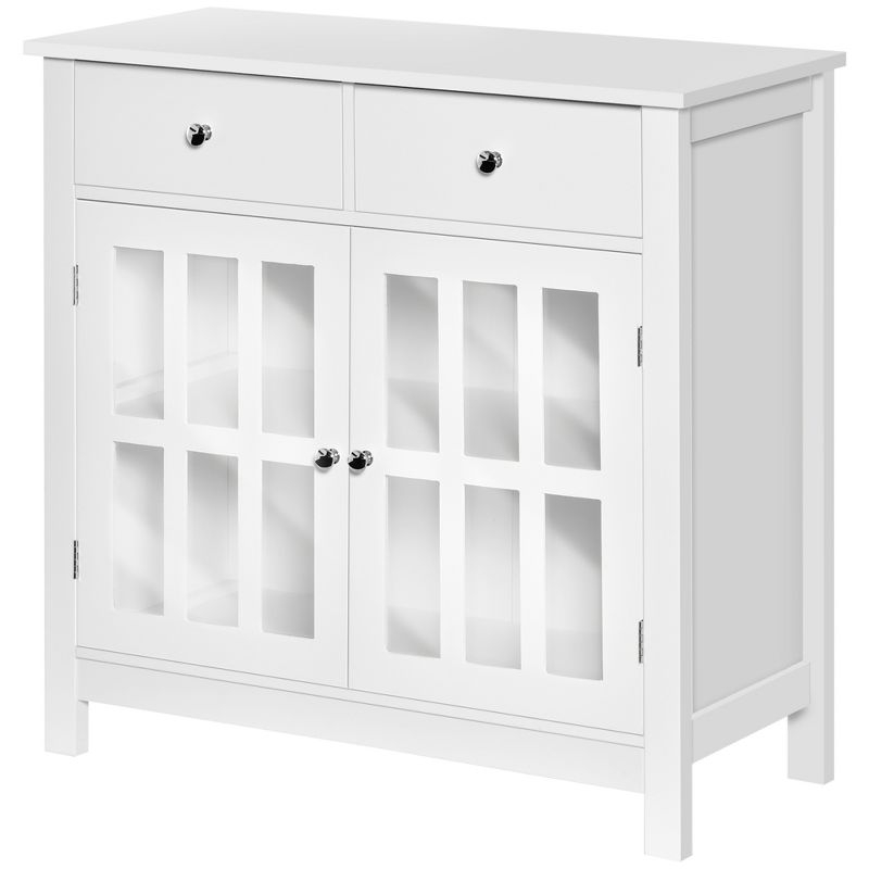 HOMCOM Sideboard Buffet Cabinet, Storage Cupboard with Glass Doors, Adjustable Shelf and 2 Drawers for Kitchen, White