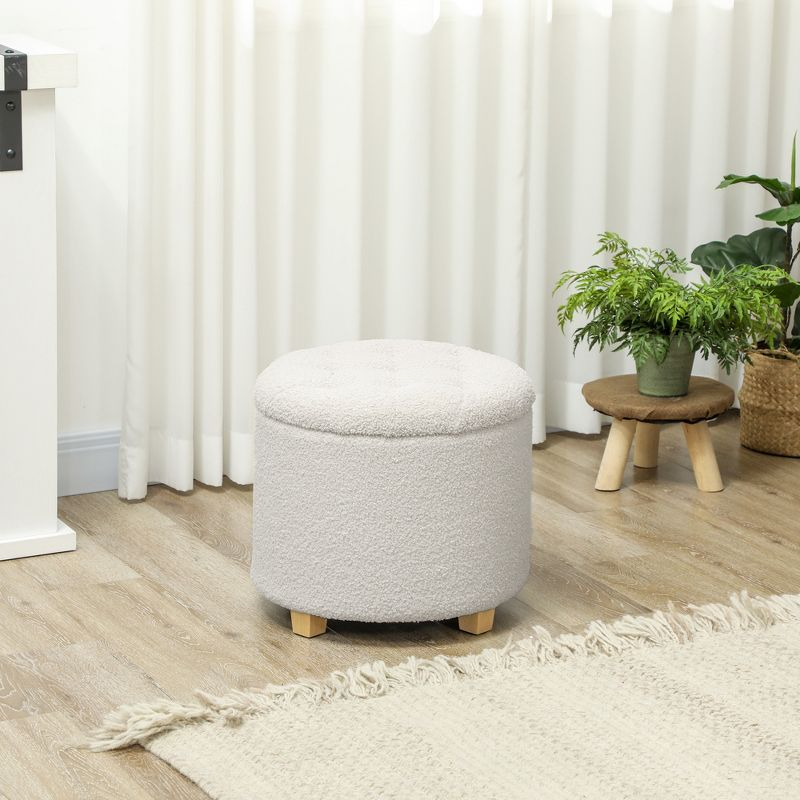 HOMCOM 18" Round Ottoman with Storage, Teddy Fleece Button Tufted Bedroom Stool with Removable Lid and Wood Legs for Living Room, Hallway, White