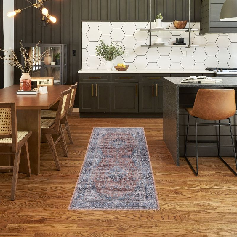 Nourison Washable Brilliance 2' x 6' Blue/Multi Vintage Indoor Bathroom, Kitchen Runner Rug
